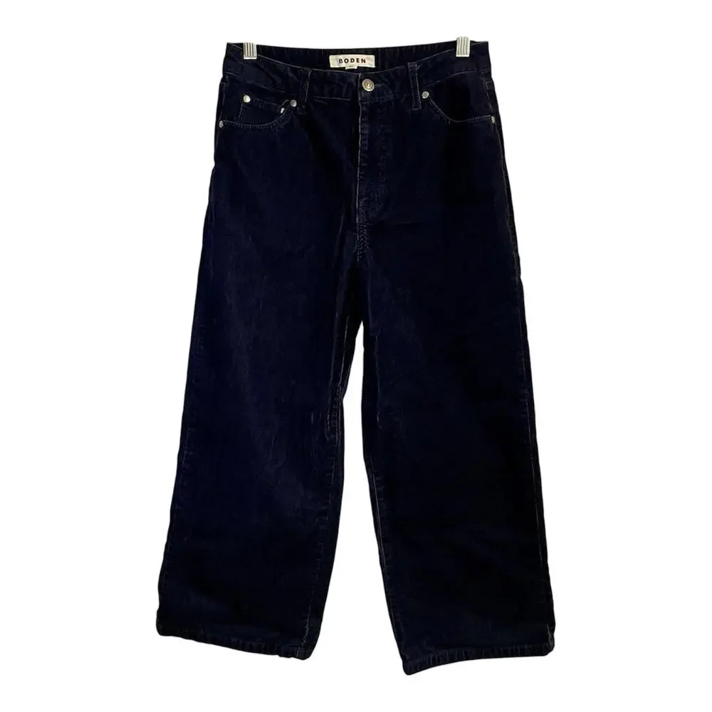 Boden 5 Pocket Cord Crop Jeans Size 4 Women Navy Blue Corduroy Wide Leg Preppy - Picture 2 of 10